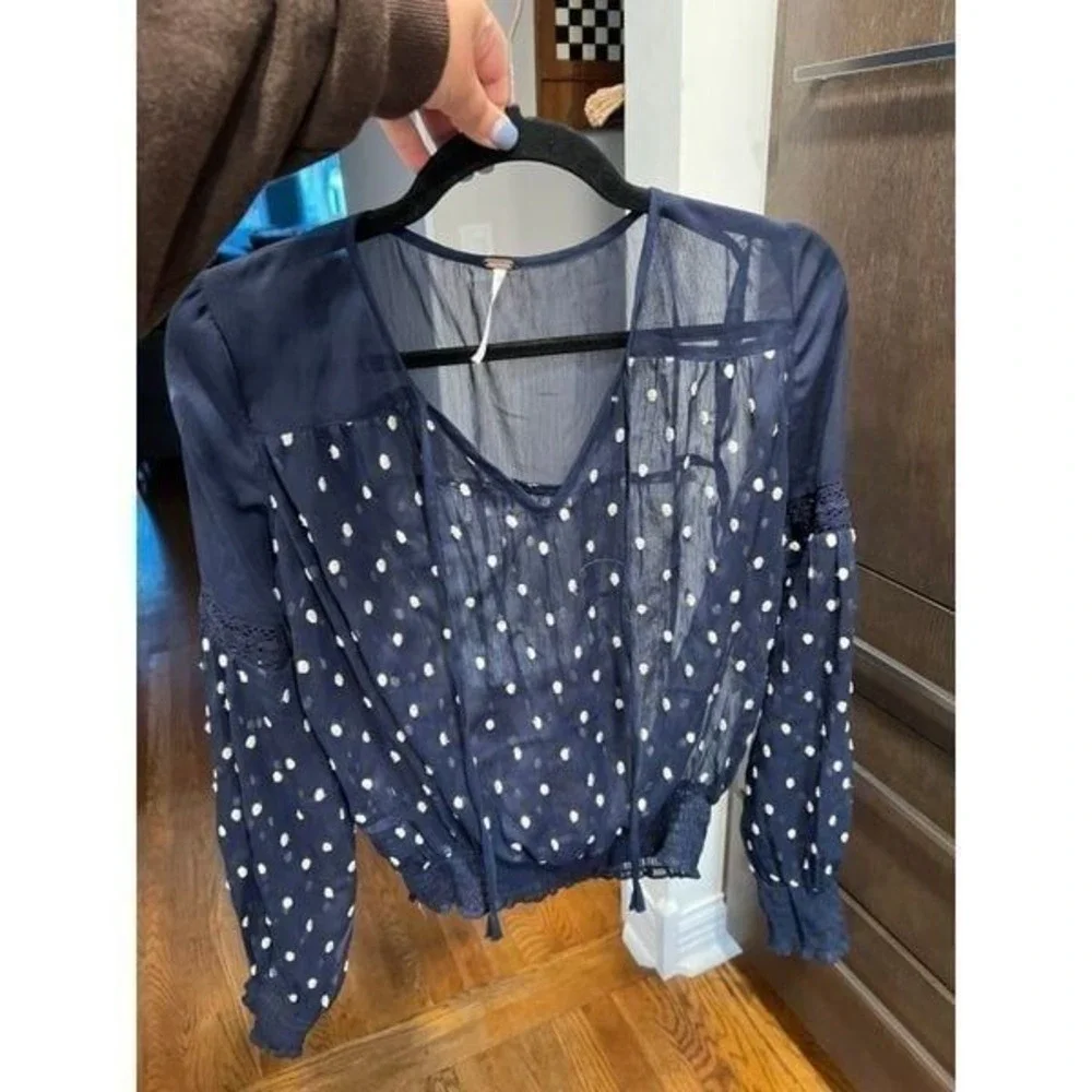 Free People Navy‎ Blue Sheer Polka Dot Embroidered Peasant Blouse Top Size S